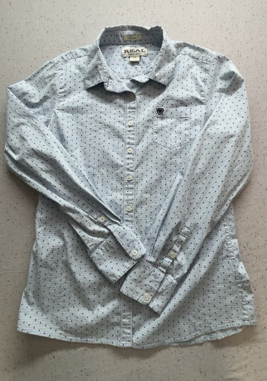 Ariat REAL Kirby Stretch Button Up Western Shirt Womens L Light Blue Aztec Check